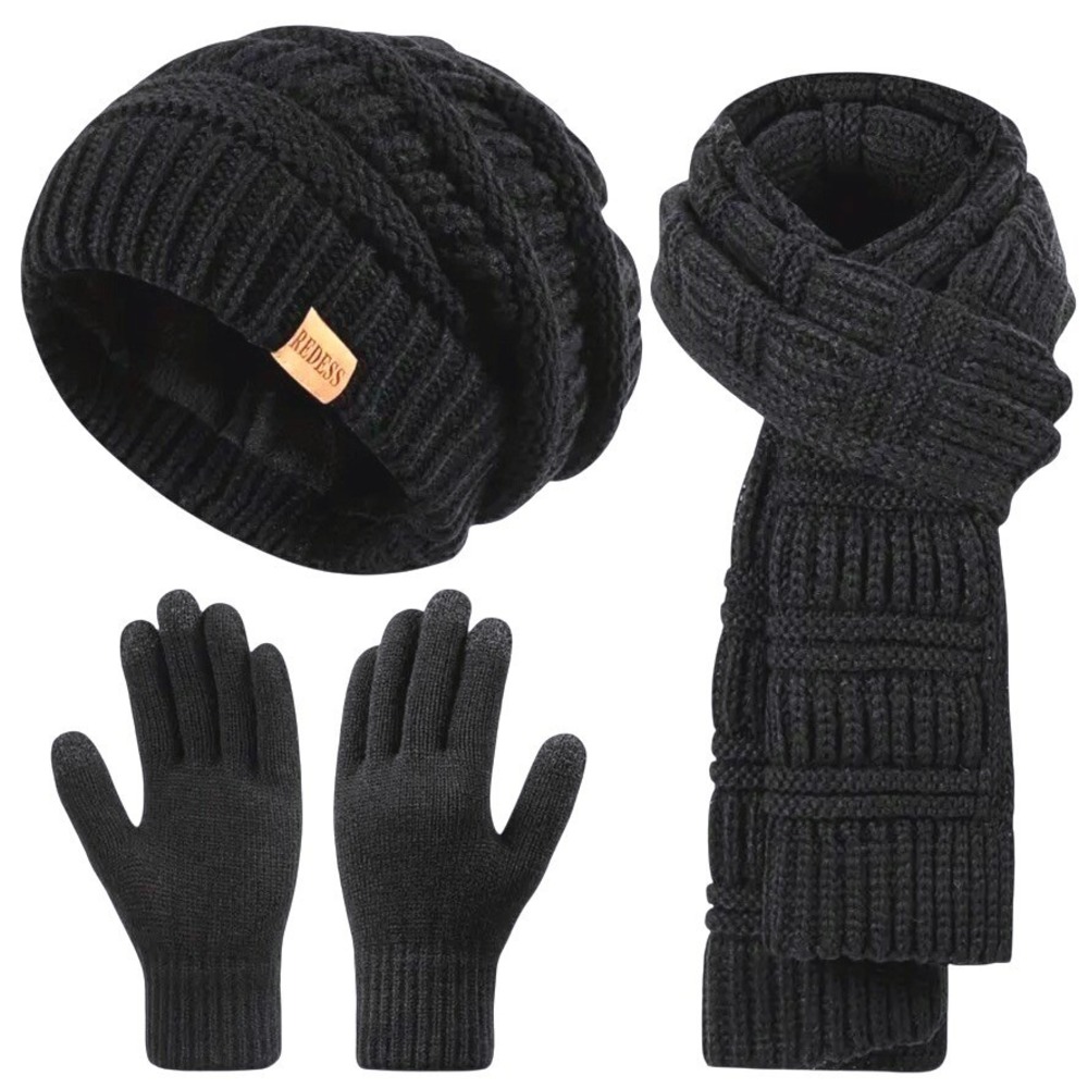 Unisex‎ Winter Cozy Black 3pc Set Long Scarf Touchscreen Gloves Beanie Hat Cap